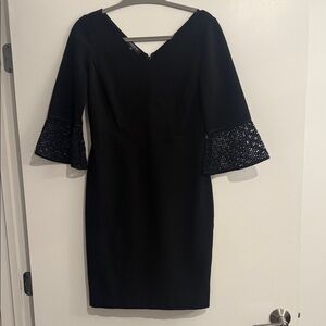 Lafayette 148 New York Black Dress with Lace Bell Sleeves & Sweetheart Neckline.